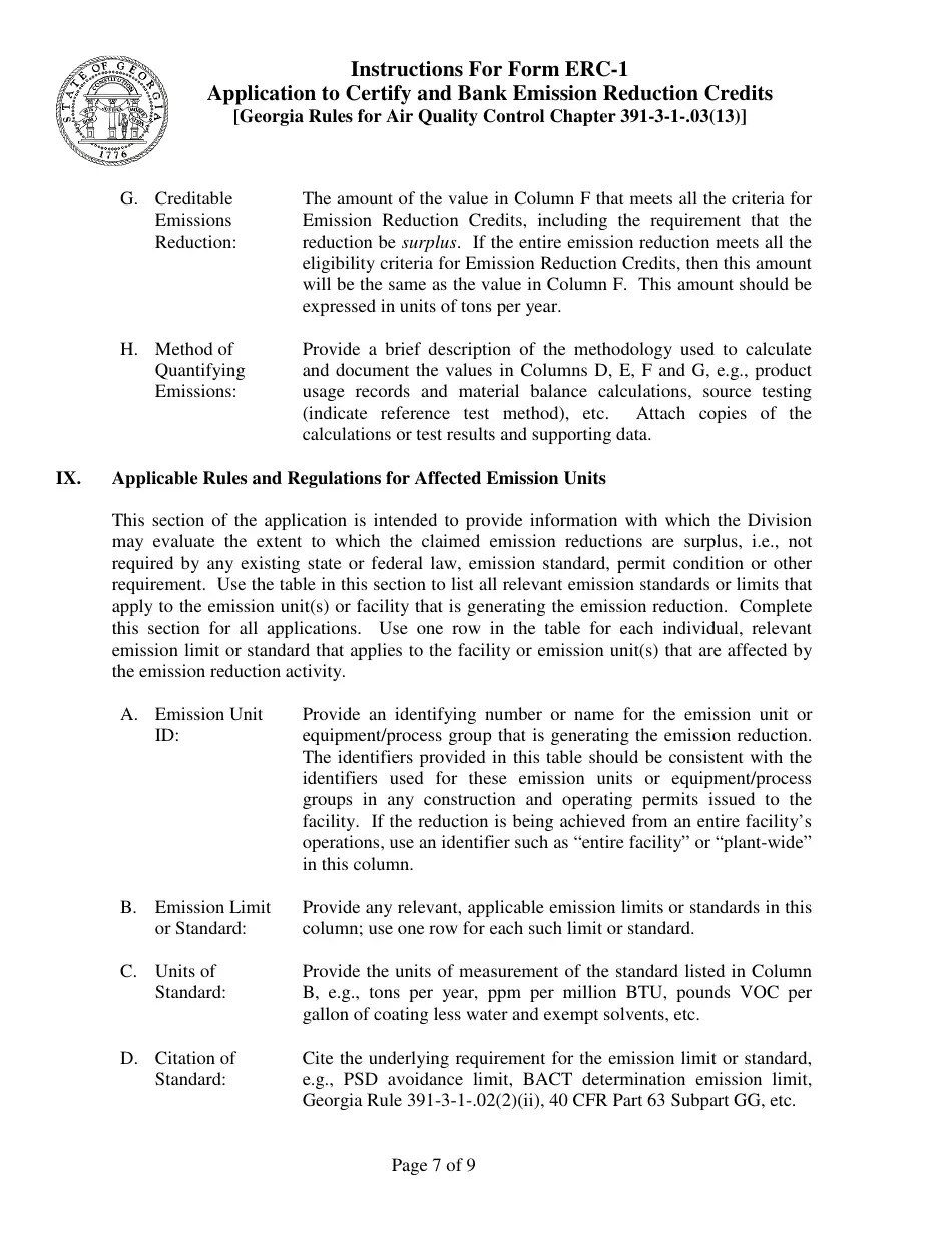 Download Instructions for Form ERC1 Application to Certify and Bank Emissionreduction Credits