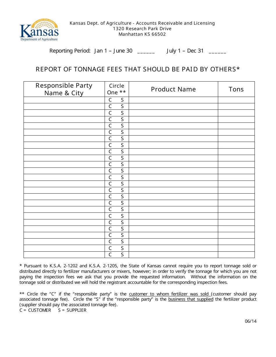 Kansas Report of Tonnage Fees That Should Be Paid by Others Fill Out