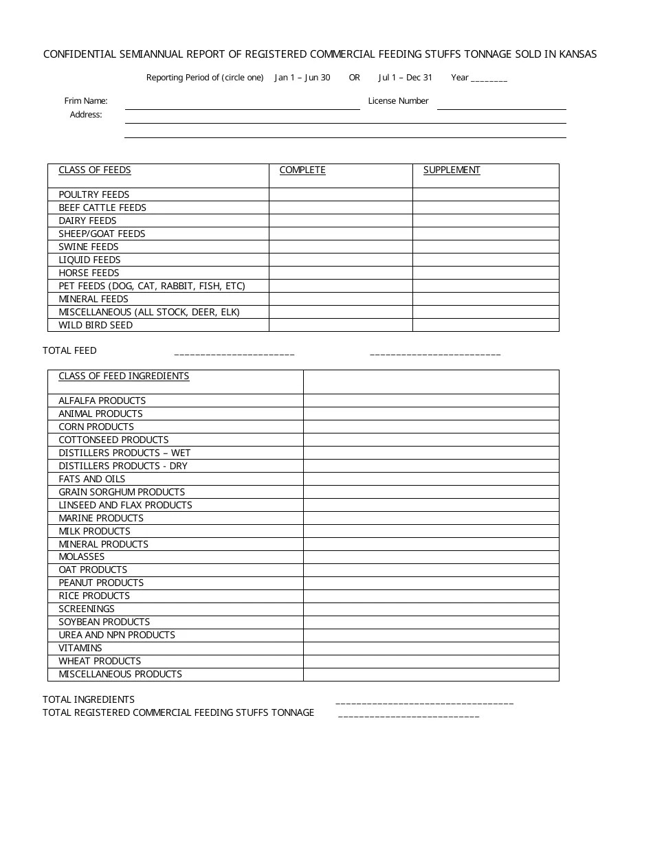 Kansas Feeding Stuffs Tonnage and Inspection Fee Report Form Fill Out