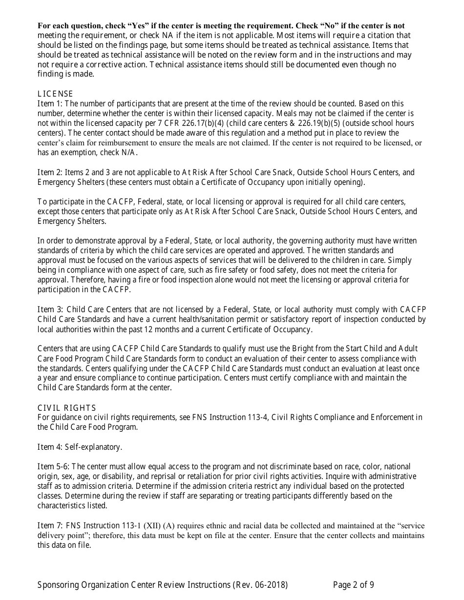 Download Instructions for Center Review Form for Child Care Centers