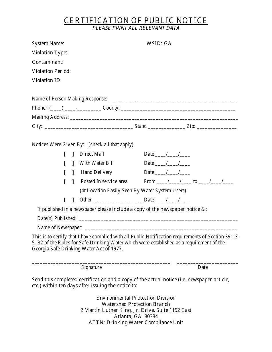(United States) Certification of Public Notice Fill Out, Sign