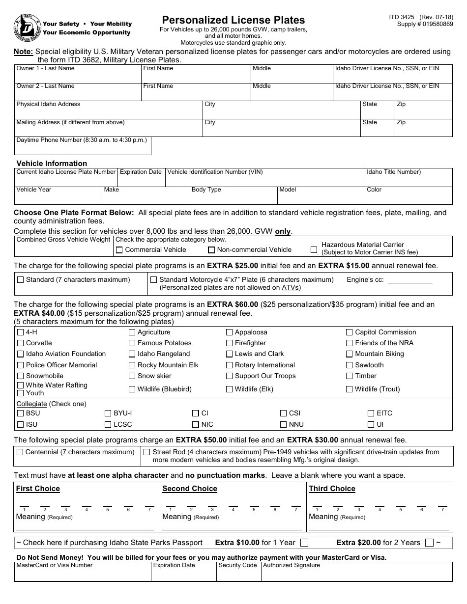 Form ITD3425 Fill Out, Sign Online and Download Fillable PDF, Idaho