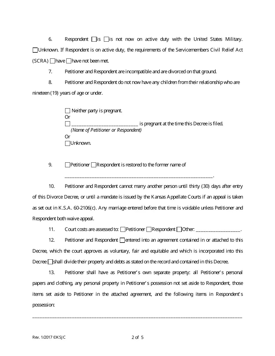 Kansas Decree of Divorce (Without Children) Fill Out, Sign Online and