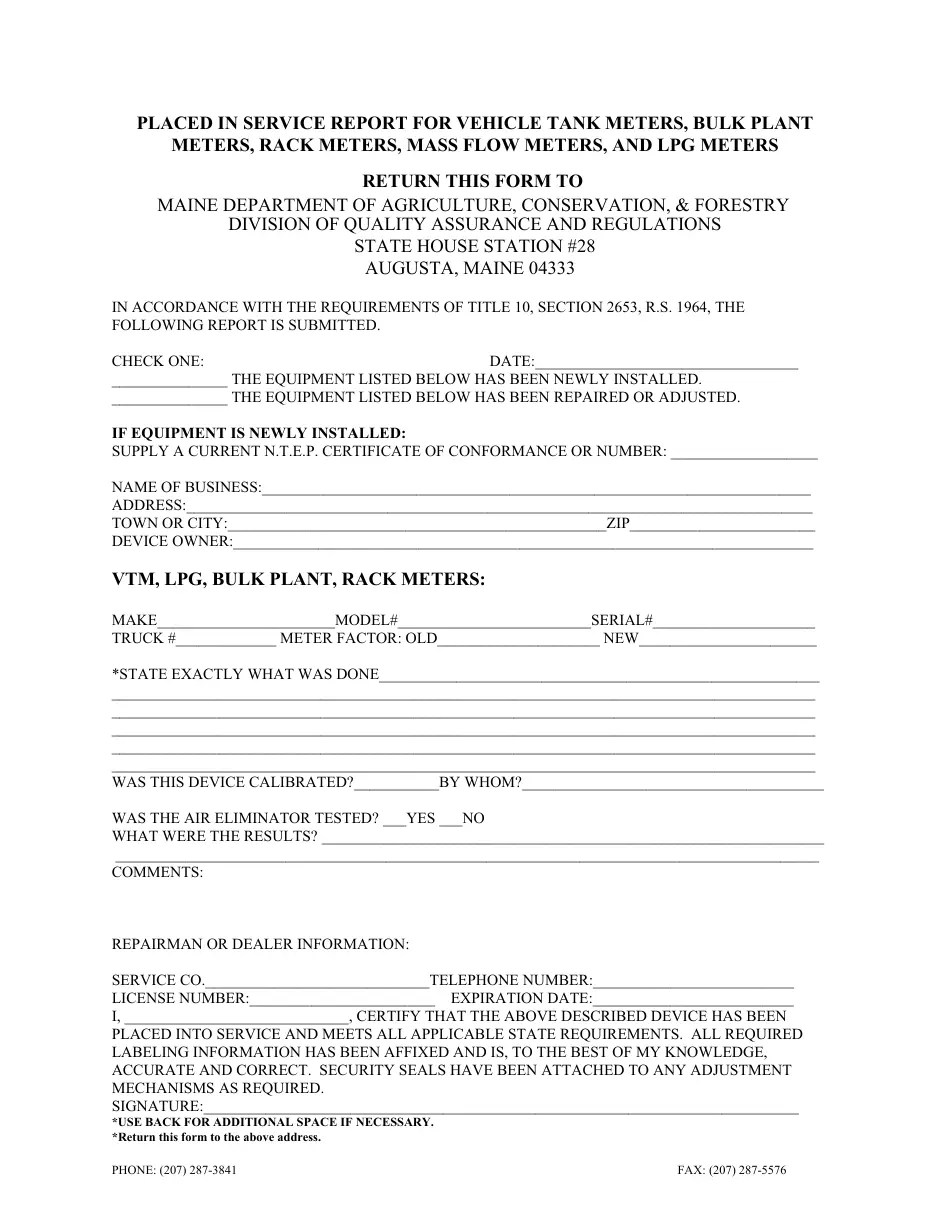 Maine Placed in Service Report for Vehicle Tank Meters, Bulk Plant