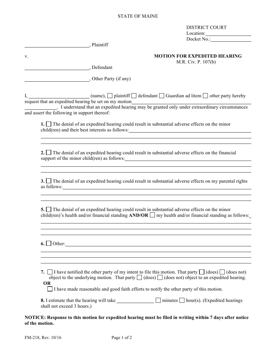 Form FM218 Fill Out, Sign Online and Download Fillable PDF, Maine