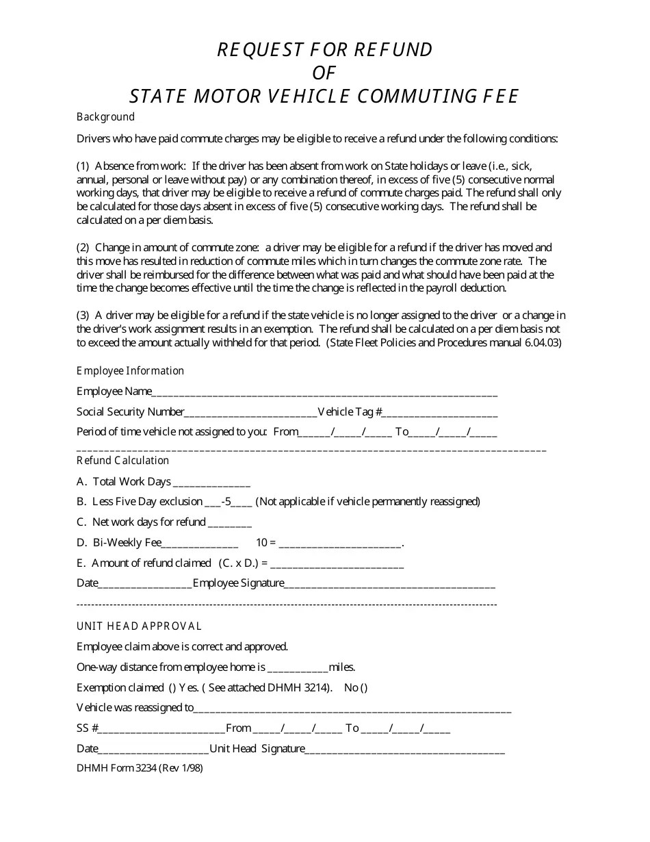 DHMH Form 3234 Download Printable PDF or Fill Online Request for Refund