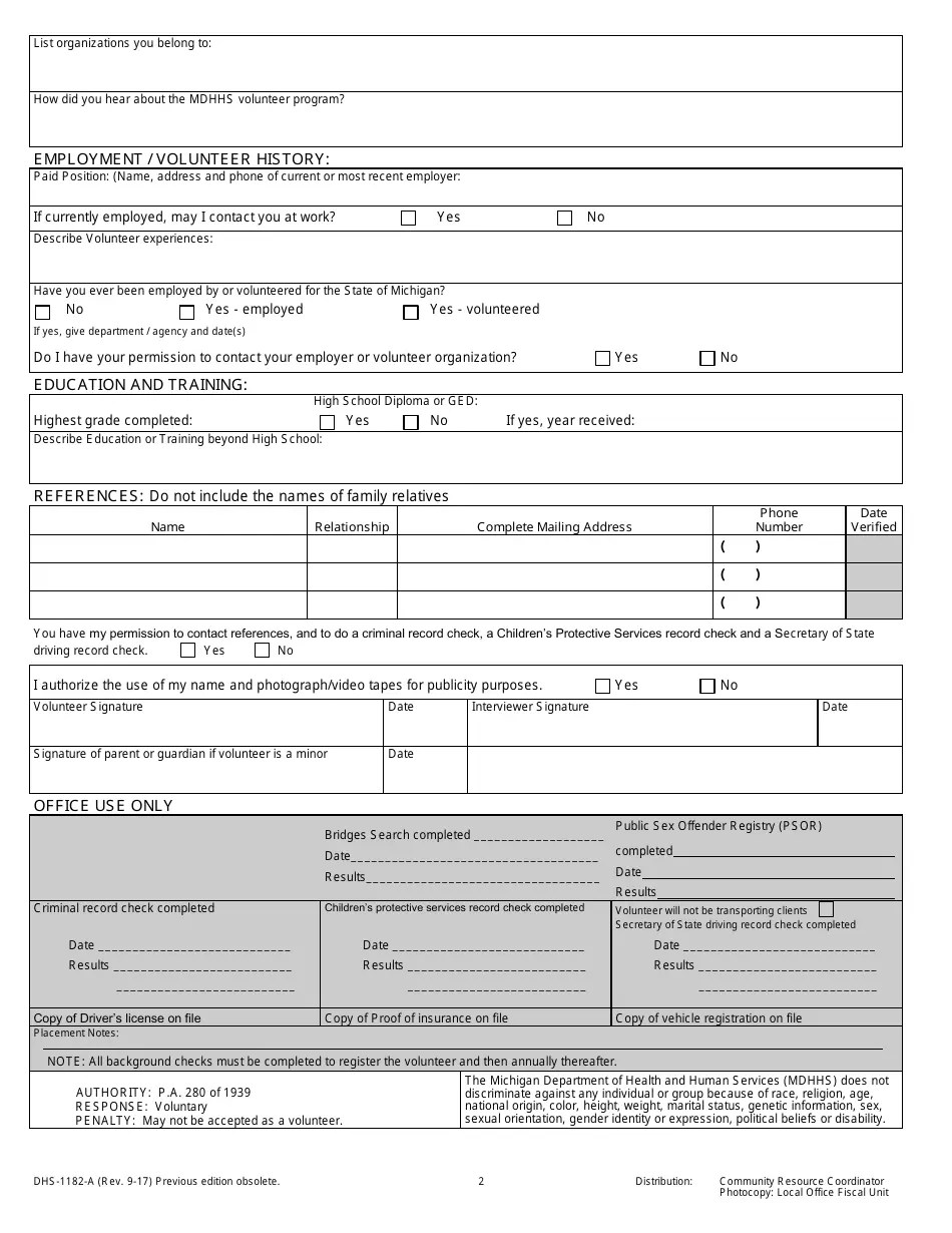 Form DHS1182A Download Printable PDF or Fill Online Volunteer Registration Record Ongoing