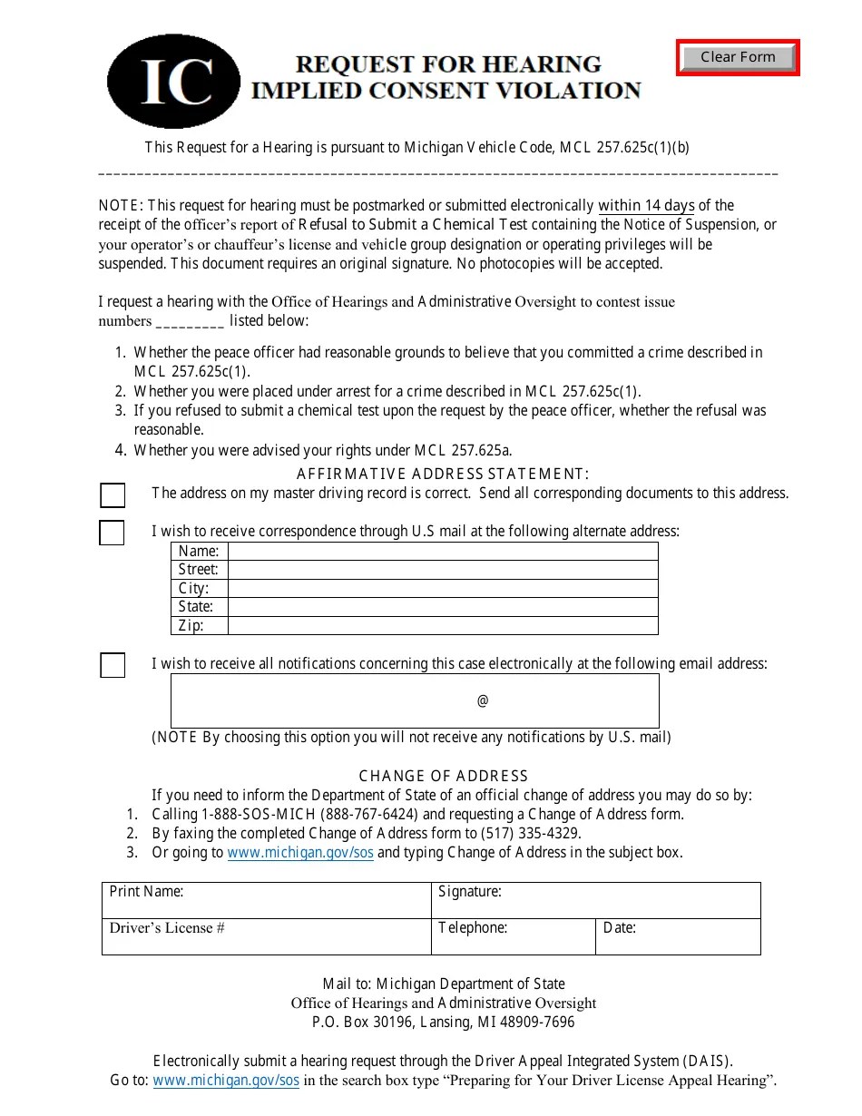 Michigan Request for Hearing Implied Consent Violation Download