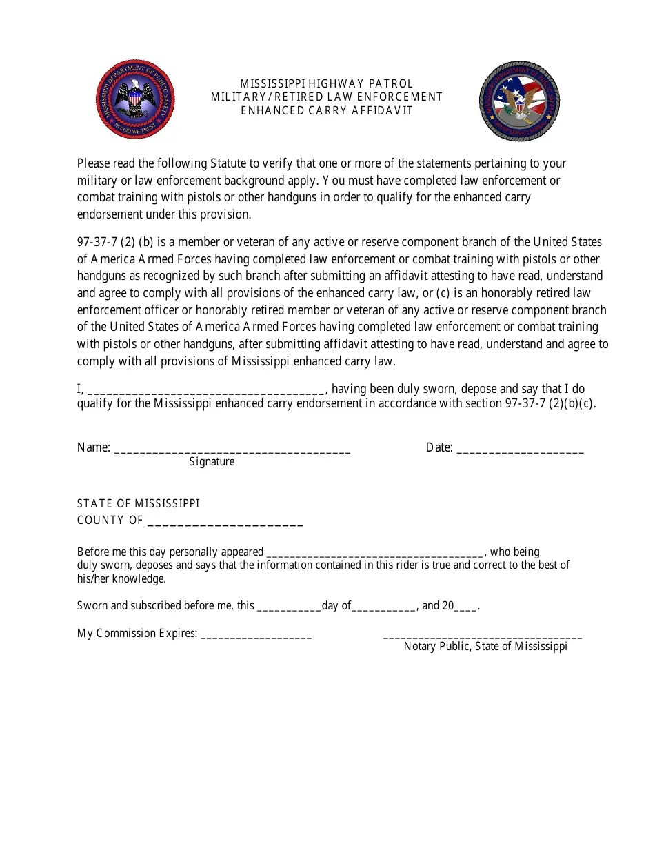 Mississippi Military/ Retired Law Enforcement Enhanced Carry Affidavit
