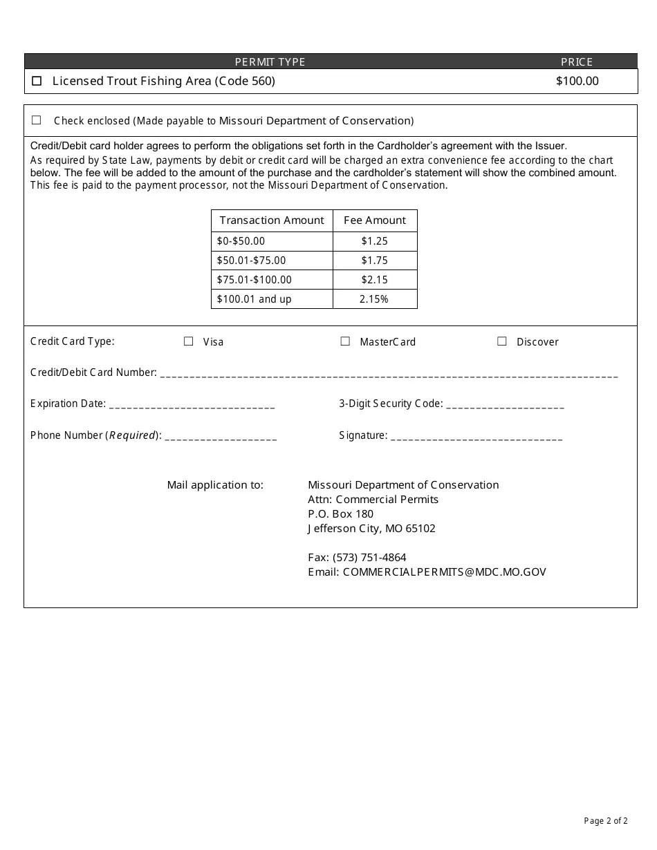 Missouri Application for Licensed Trout Fishing Area Permit (Code 560