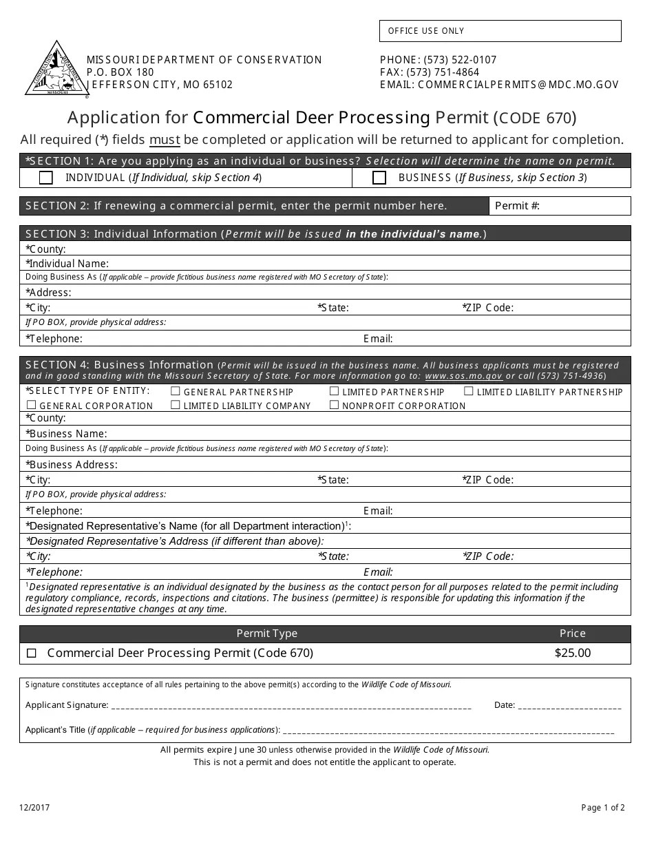Missouri Application for Commercial Deer Processing Permit (Code 670) Fill Out, Sign Online