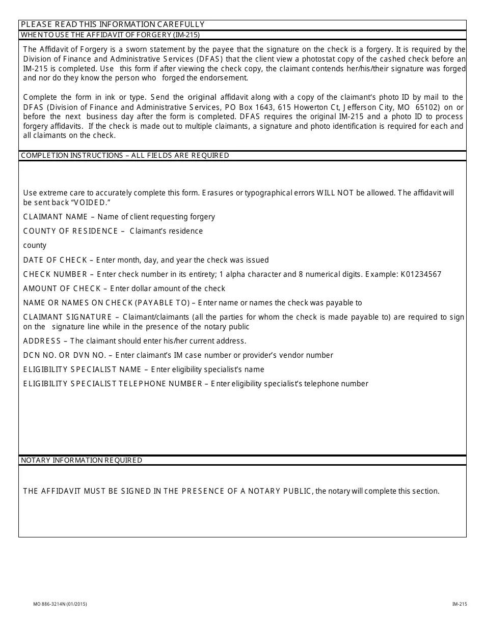 Form MO8863214N (IM215) Fill Out, Sign Online and Download Printable PDF, Missouri