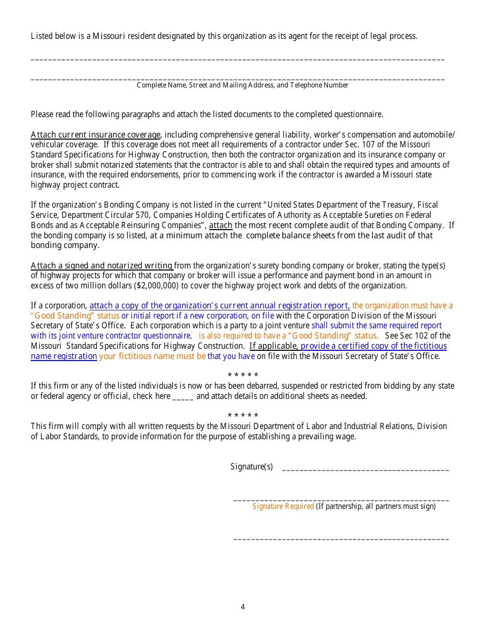 Missouri Prequalification Contractor Questionnaire Form Fill Out, Sign Online and Download PDF