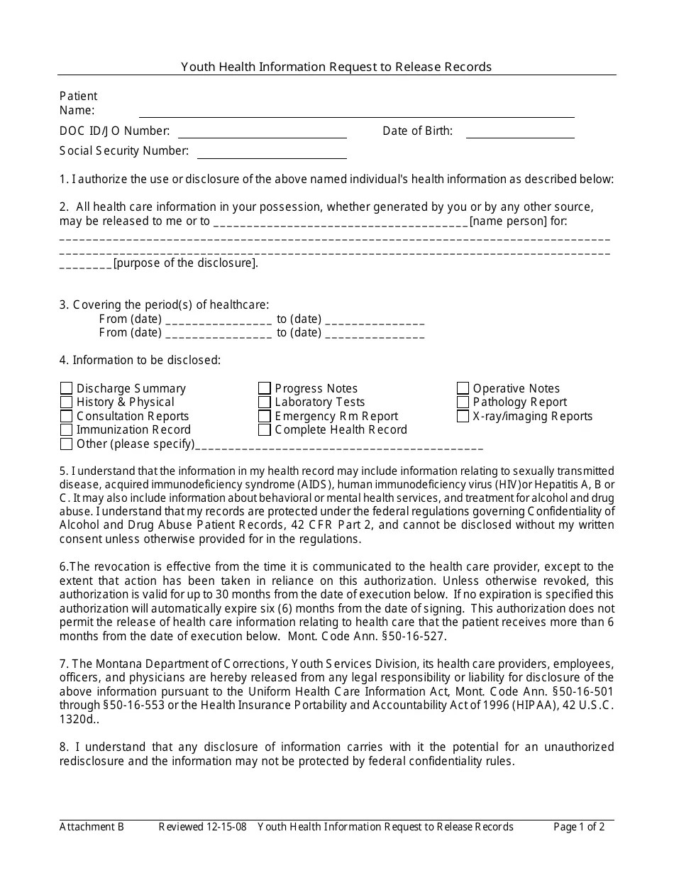 Montana Youth Health Information Request to Release Records Fill Out