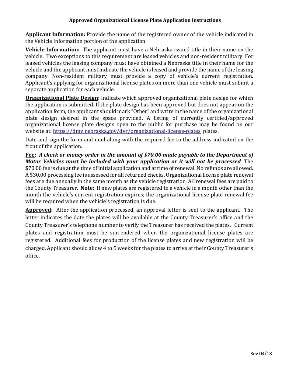 Nebraska Application for Approved Organizational License Plate Fill Out, Sign Online and
