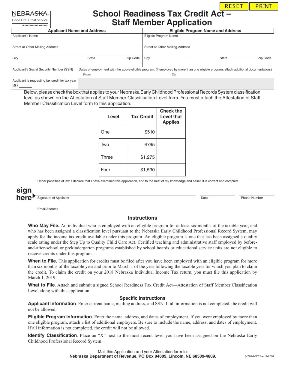 Nebraska School Readiness Tax Credit Act Staff Member Application