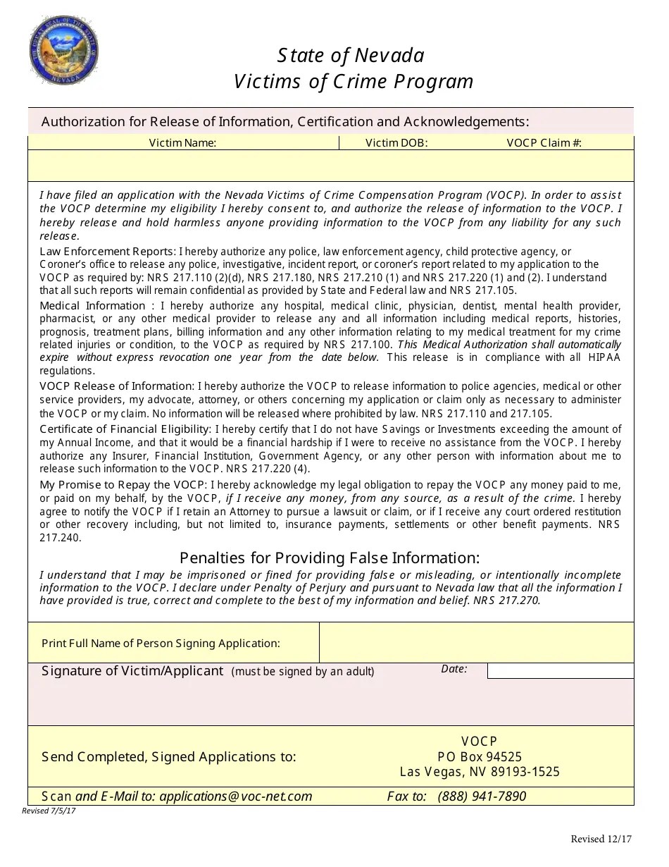 Nevada Application for Victim of Crime Compensation Victims of Crime