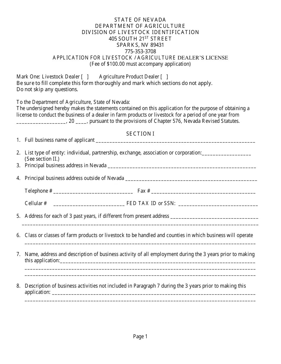 Nevada Application for Livestock / Agriculture Dealer's License Fill