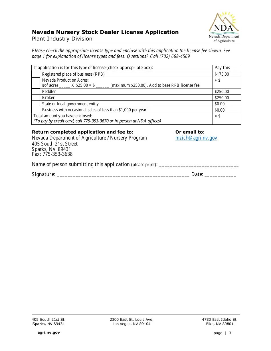Nevada Nevada Nursery Stock Dealer License Application Form Fill Out