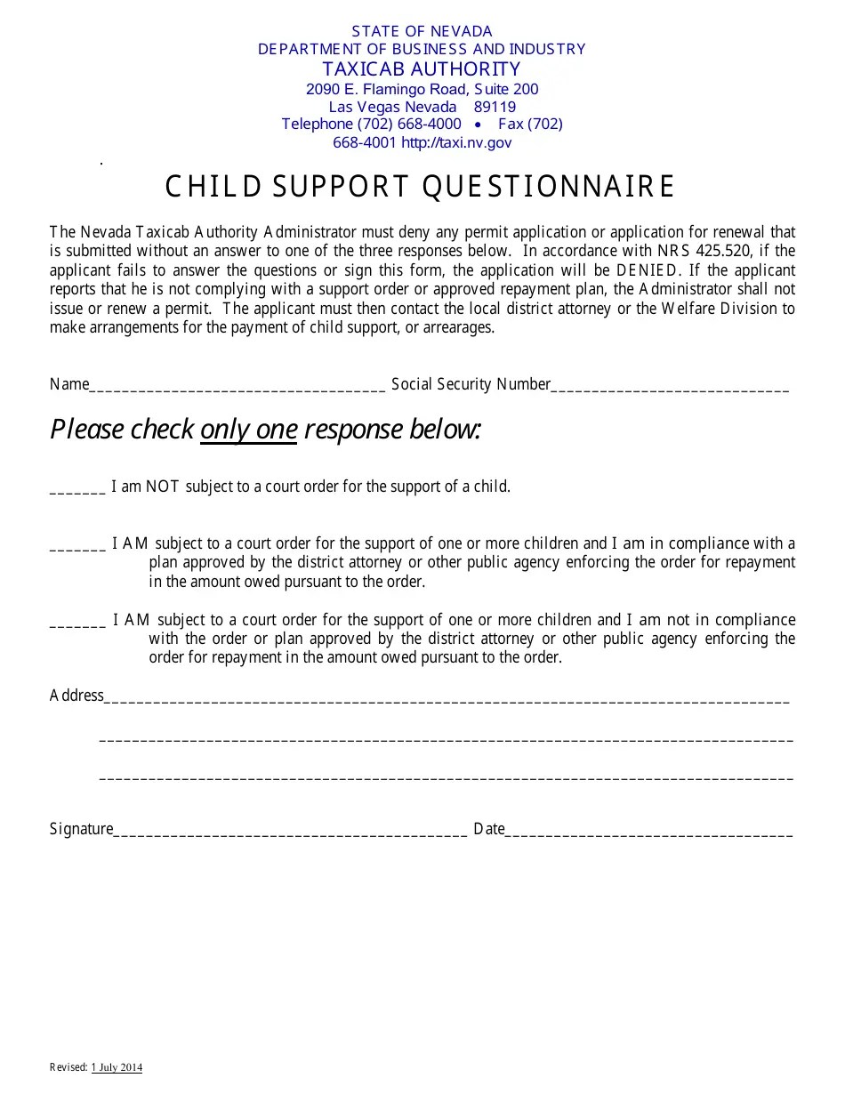 Nevada Child Support Questionnaire Form Fill Out, Sign Online and