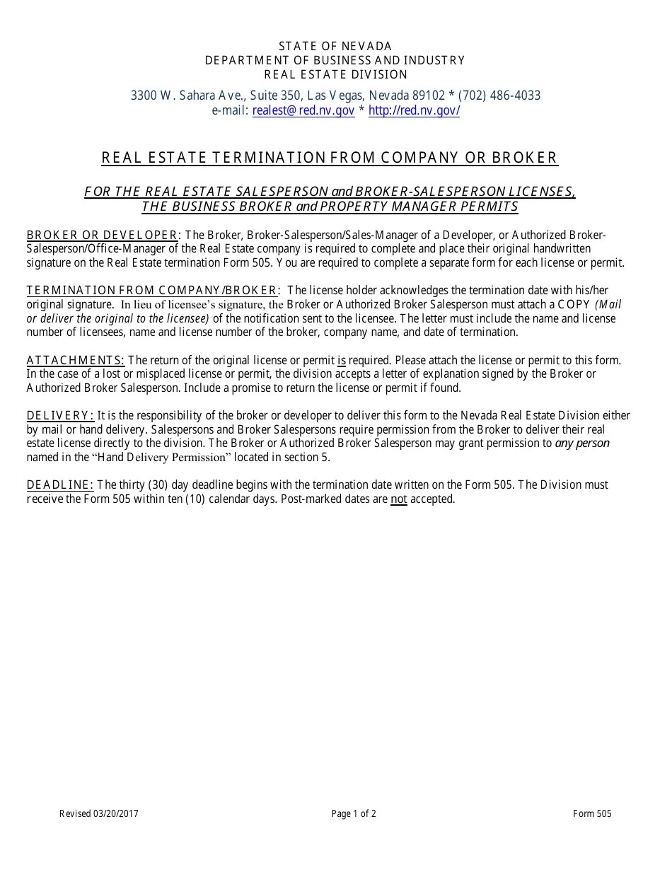 Form 505 Fill Out, Sign Online and Download Fillable PDF, Nevada