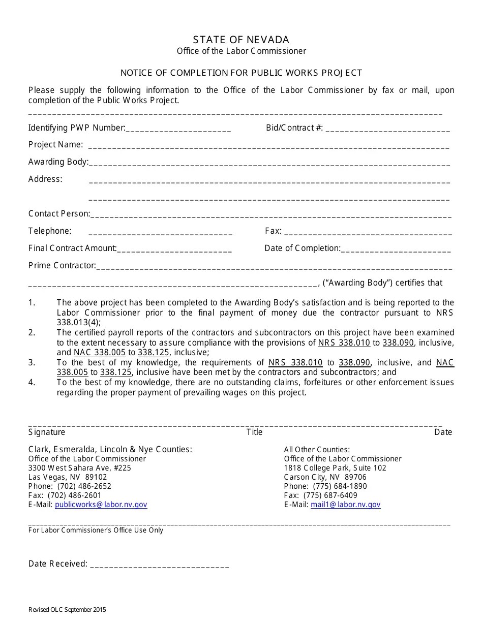 Nevada Notice of Completion for Public Works Project Download Fillable PDF Templateroller