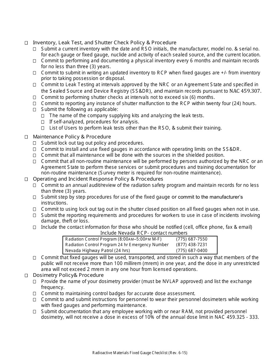Nevada Radioactive Materials (Ram) Fixed Gauge Licensing Checklist