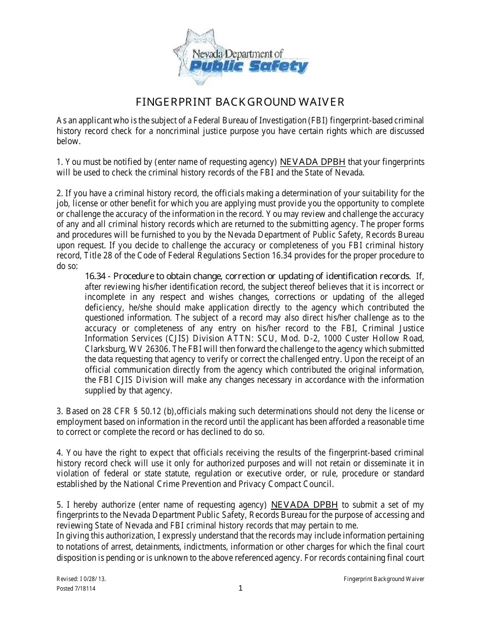 Nevada Fingerprint Background Waiver Form Fill Out, Sign Online and