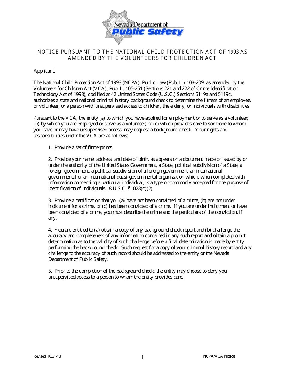 Nevada Notice Pursuant to the National Child Protection Act of 1993 as