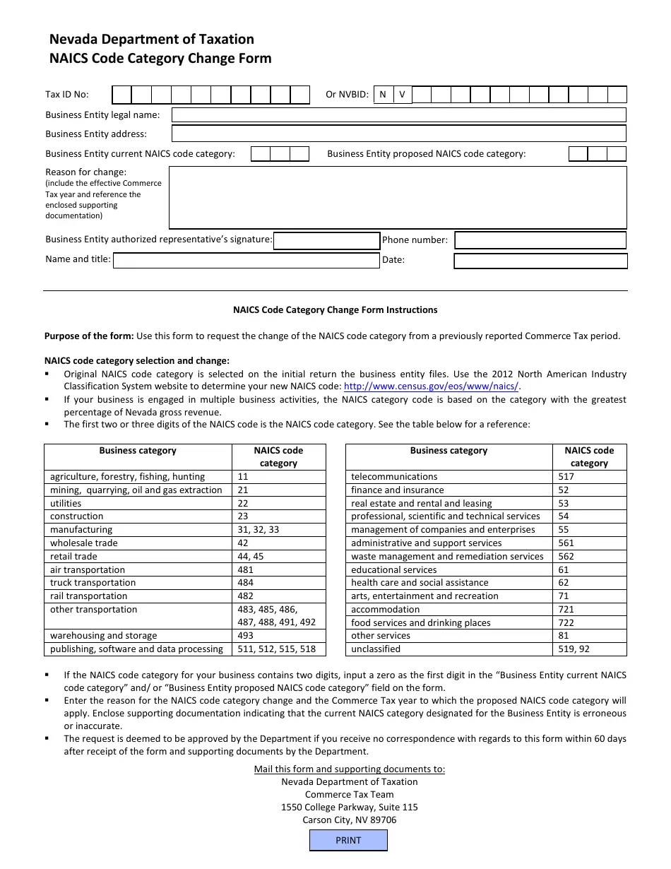 Nevada Naics Code Category Change Form Download Fillable PDF