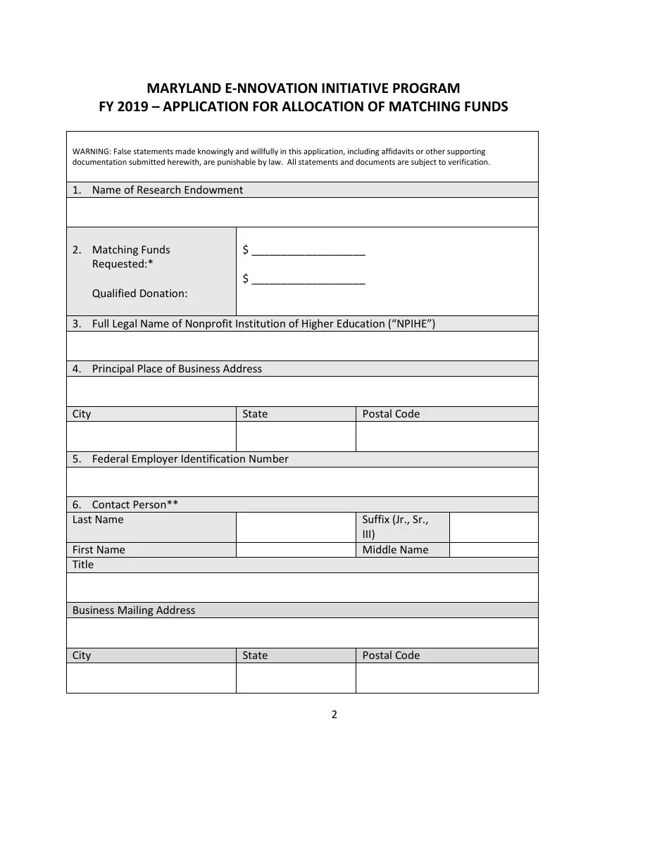 2019 Maryland Application for Allocation of Matching Funds Maryland E