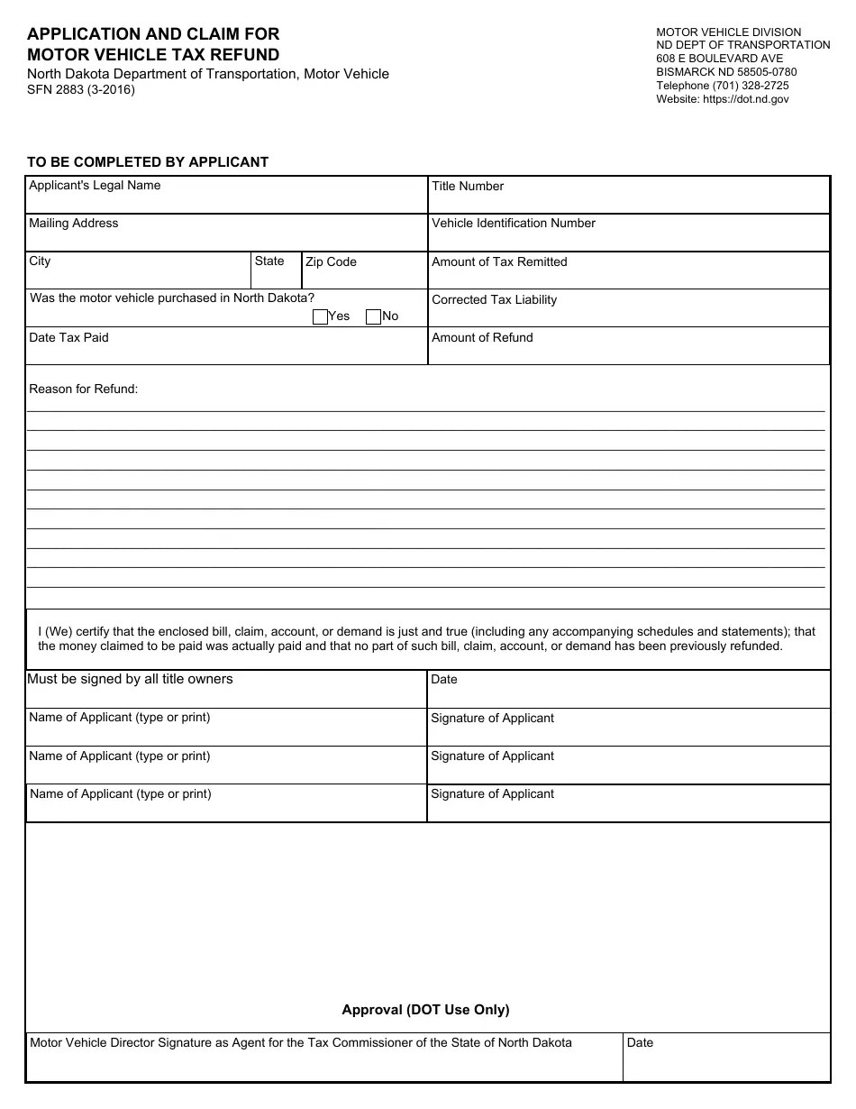 Form SFN2883 Fill Out, Sign Online and Download Fillable PDF, North