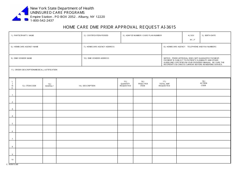 New York Home Care Dme Prior Approval Request Ai3615 Fill Out, Sign Online and Download PDF