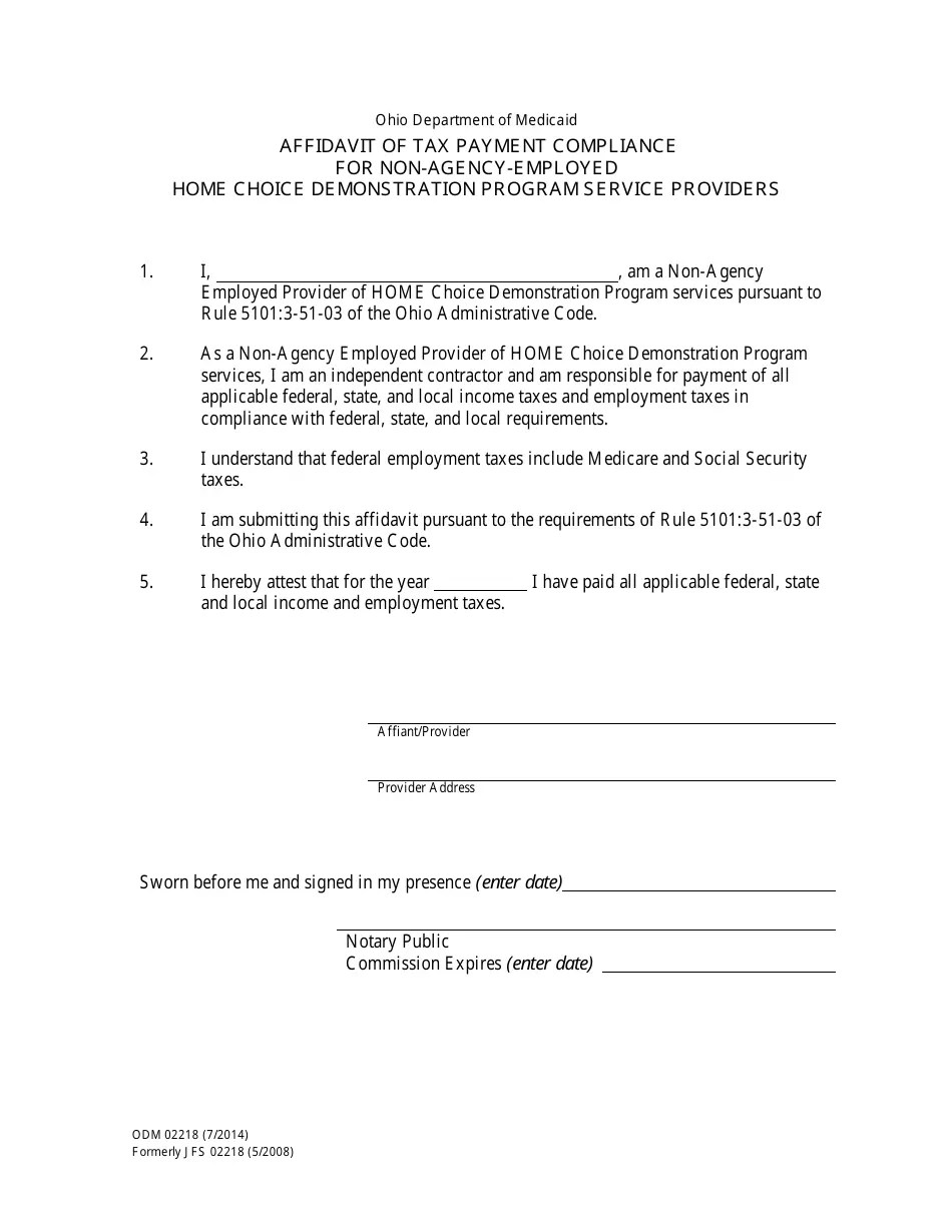 Form ODM02218 Fill Out, Sign Online and Download Printable PDF, Ohio