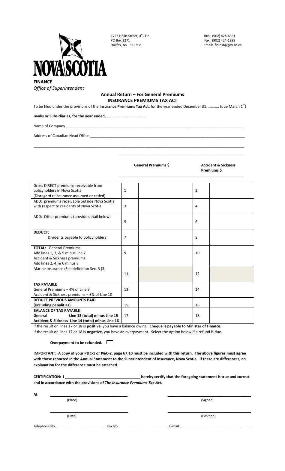 Nova Scotia Canada Annual General Premium Tax Form Fill Out, Sign