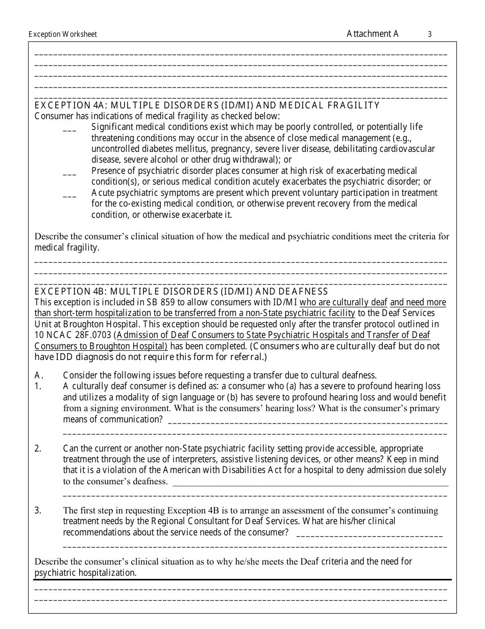 North Carolina Worksheet for Requesting Exceptions to the Diversion Law