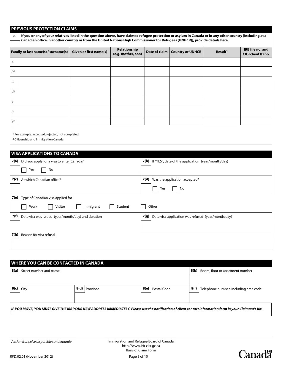 Canada Basis of Claim Form Fill Out, Sign Online and Download PDF