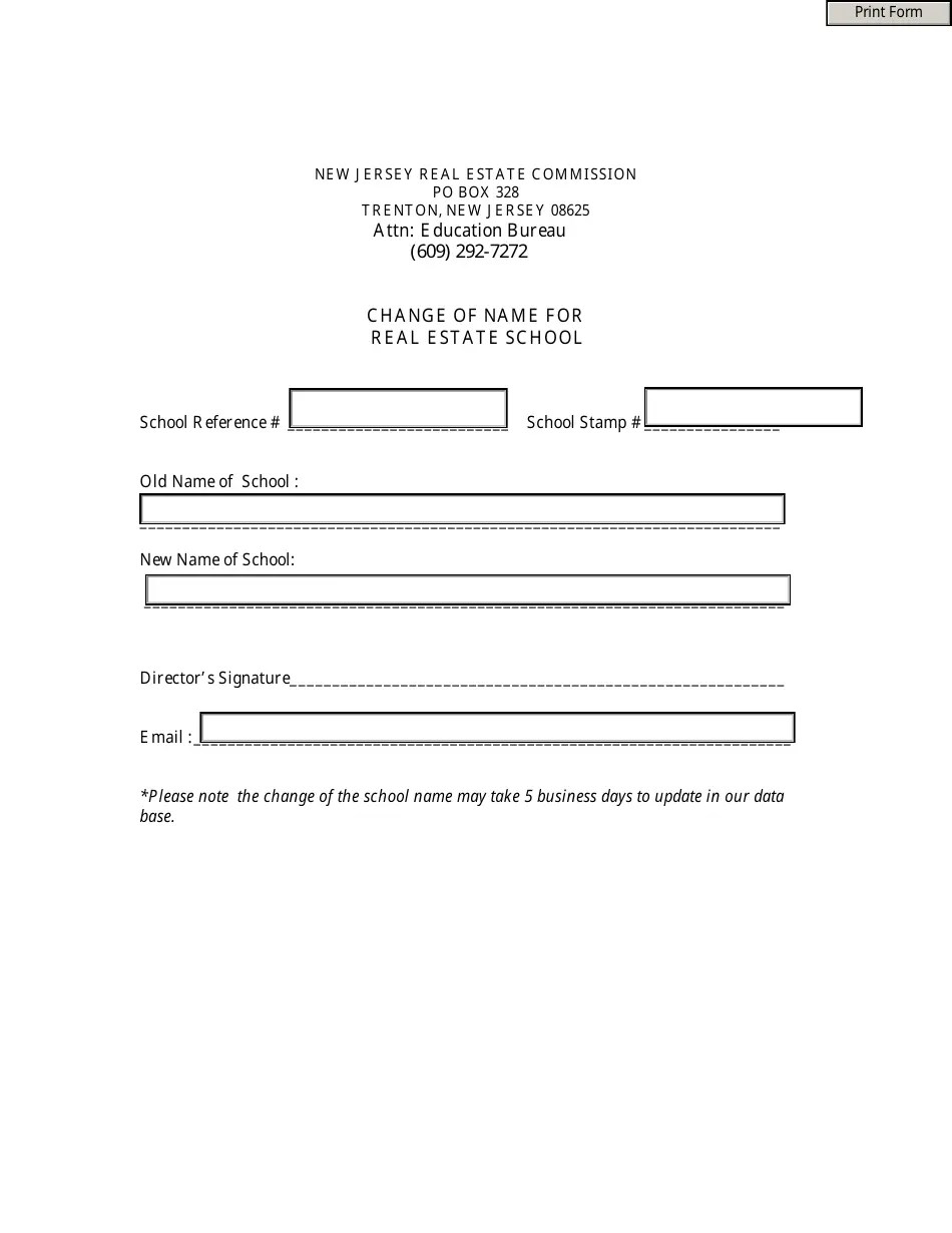 New Jersey Change of Name for Real Estate School Fill Out, Sign