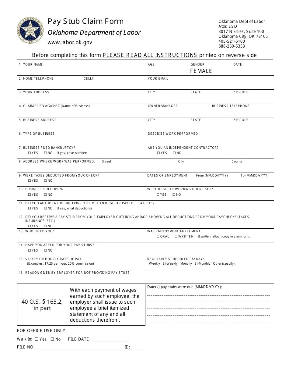 Oklahoma Pay Stub Claim Form Fill Out, Sign Online and Download PDF