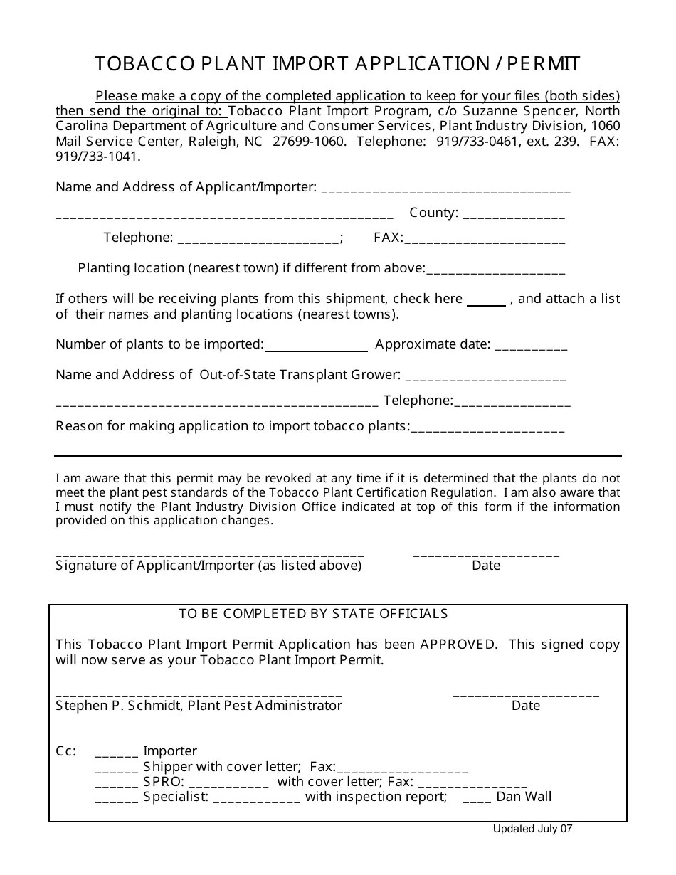 North Carolina Tobacco Plant Import Application / Permit Fill Out