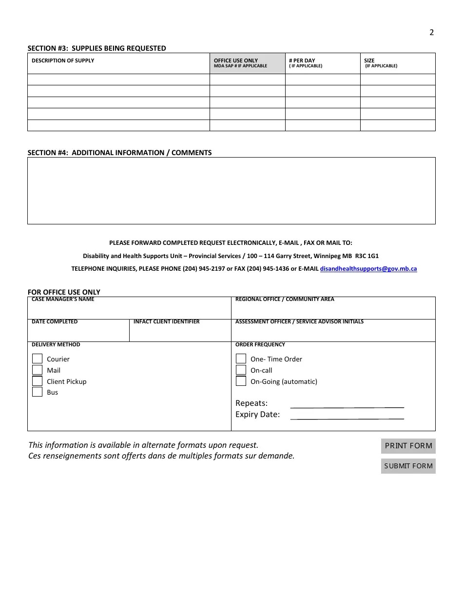 Manitoba Canada Medical Supplies Request and Justification Fill Out