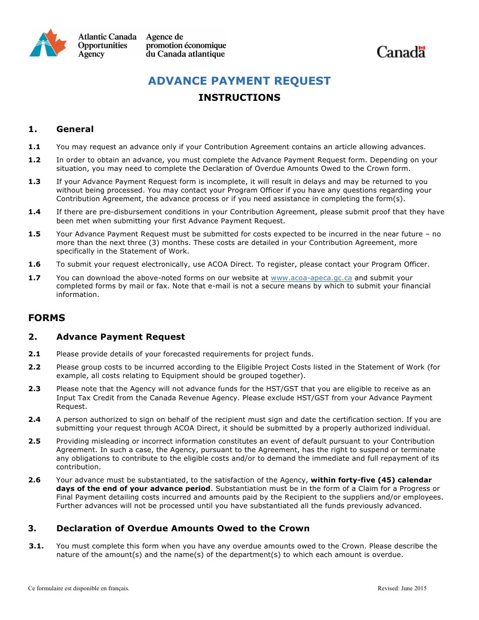 Canada Advance Payment Request Form Fill Out, Sign Online and Download PDF Templateroller