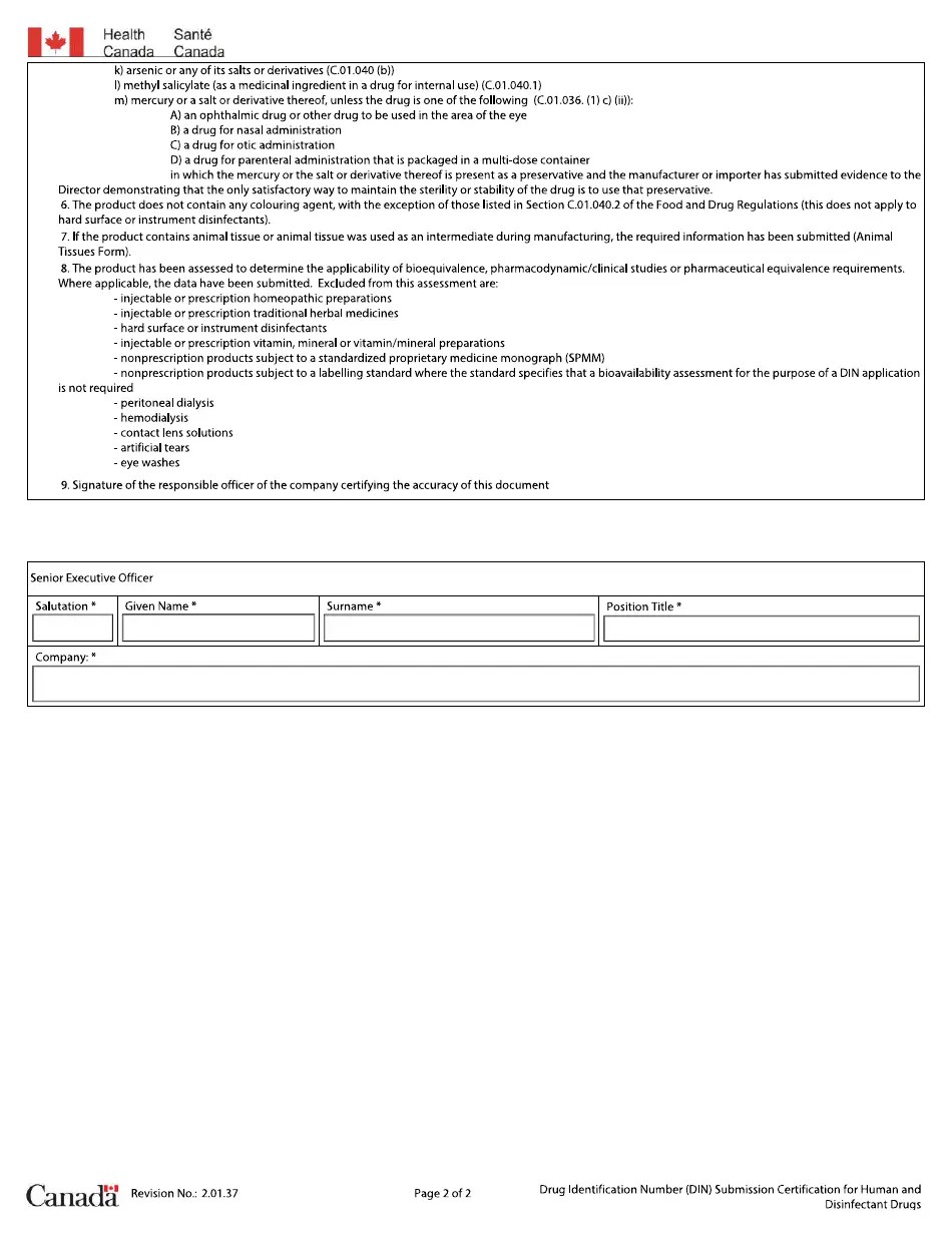 Canada Submission Certification for Human and Disinfectant Drugs Fill