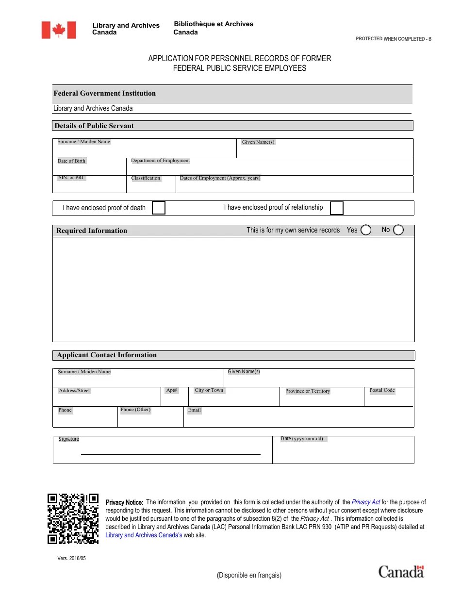 Canada Application for Personnel Records of Former Federal Public