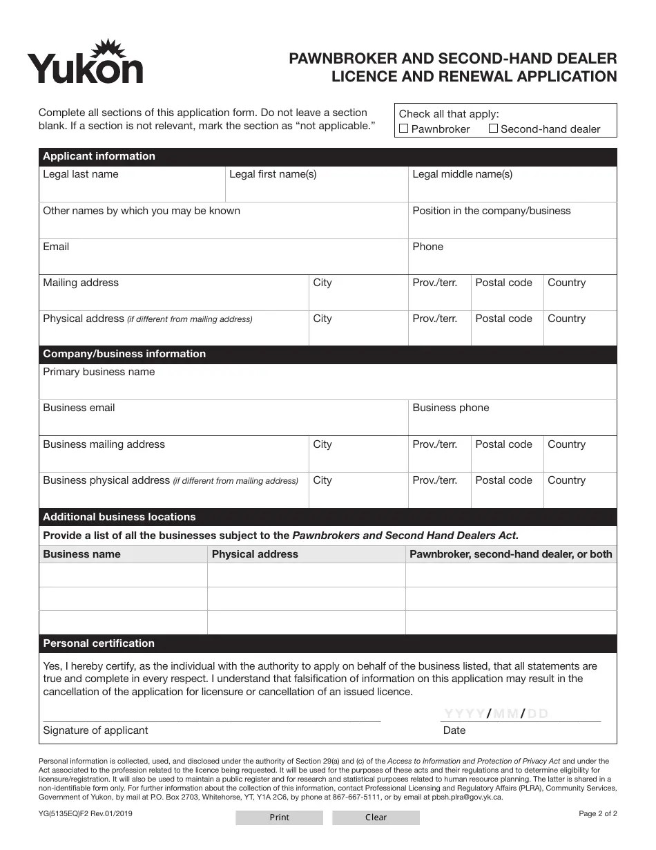 Form YG5135 Download Fillable PDF or Fill Online Pawnbroker and Second
