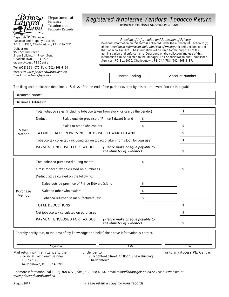 Prince Edward Island Canada Registered Wholesale Vendors' Tobacco