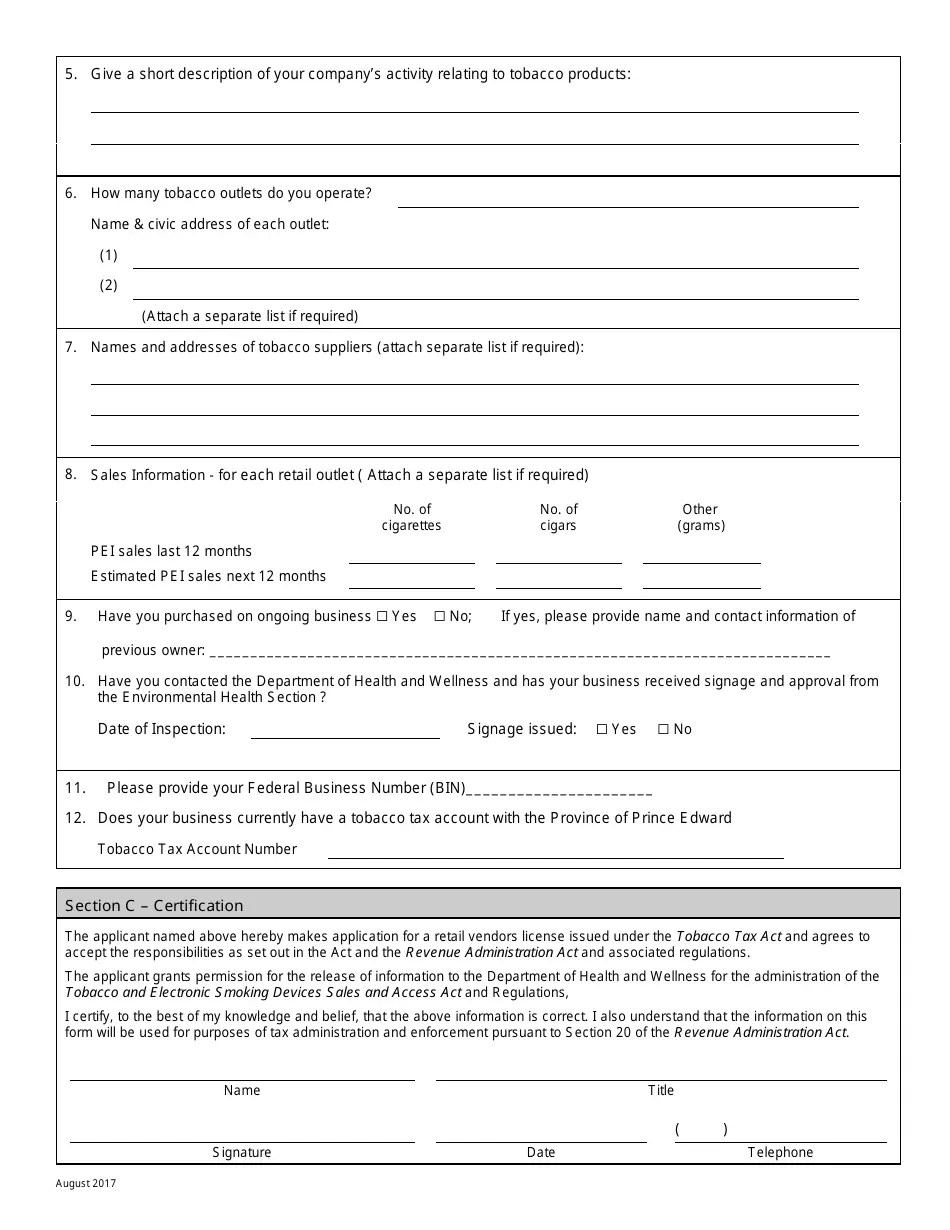 Prince Edward Island Canada Application for a Tobacco Retail Vendor's
