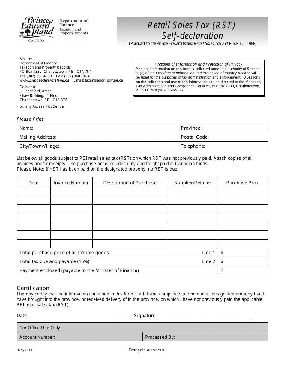 Prince Edward Island Canada Retail Sales Tax (Rst) Selfdeclaration