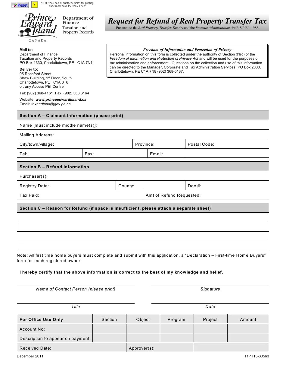 Prince Edward Island Canada Request for Refund of Real Property