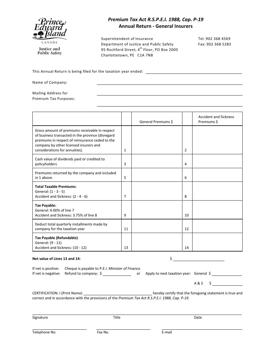 Prince Edward Island Canada General Premium Tax Annual Return Fill